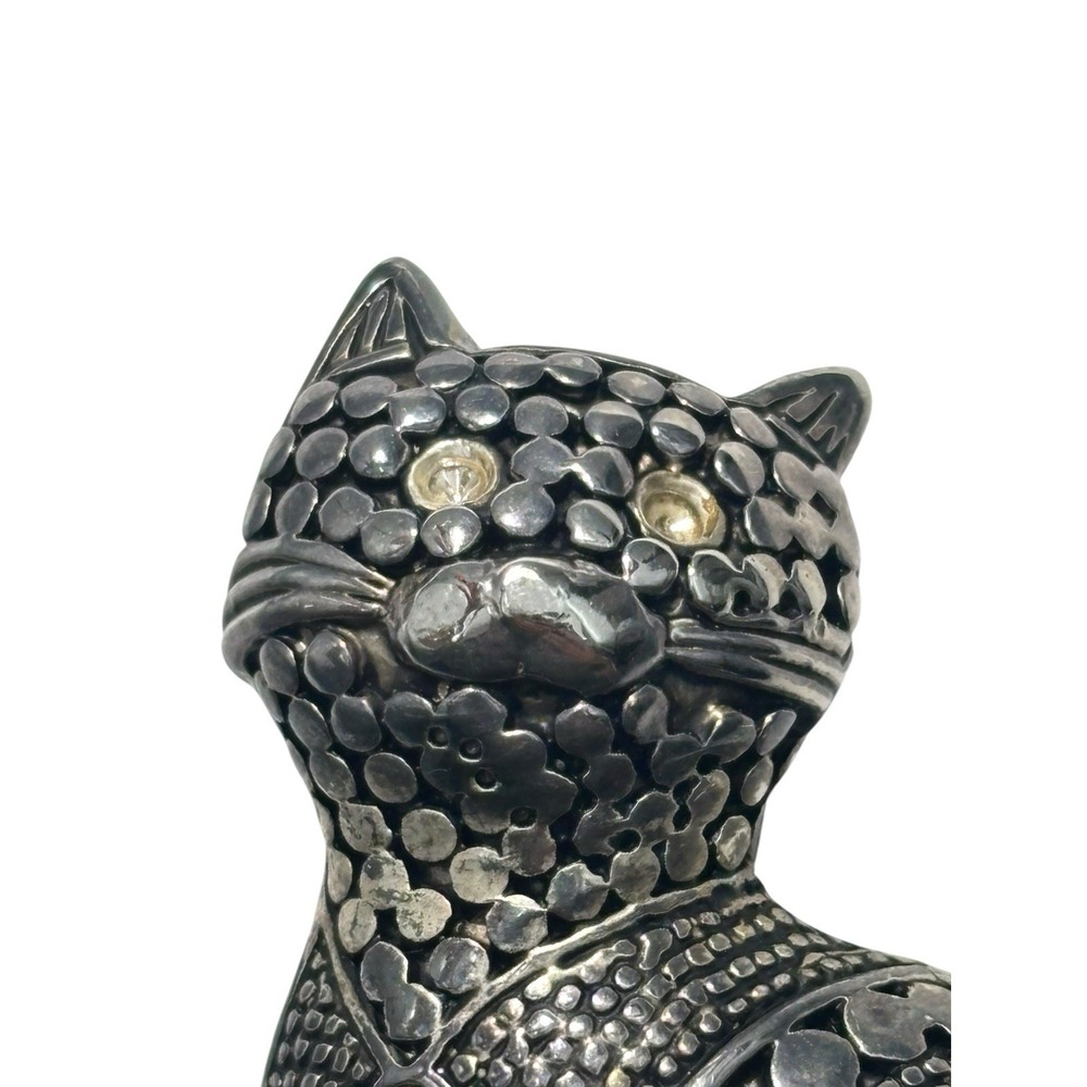 Vintage Silver Tone Textured Circular Pattern Kitty Cat Kitten Brooch Pin - Picture 2 of 5